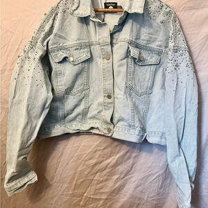 Boohoo Blue Jean Jacket with Pearl Embellishments